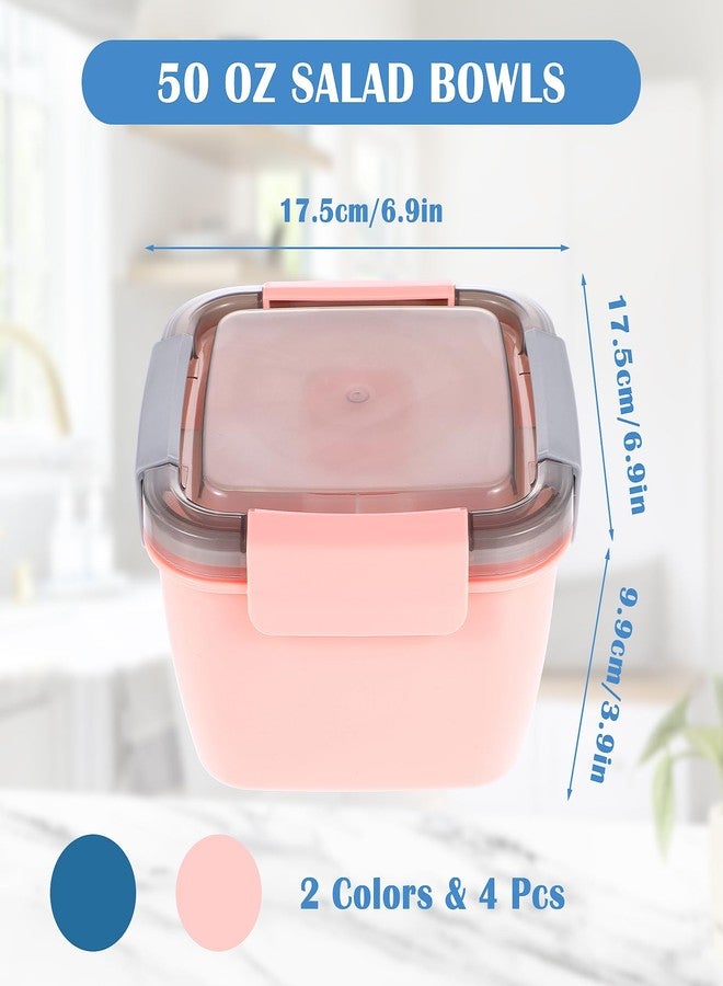 Lemecima Salad Lunch Container To Go, 4 Packs 50-oz Bowls With 3 Compartments, Dressings Container for Toppings, Snacks, Men, Women (Pink+Blue) - Image 2